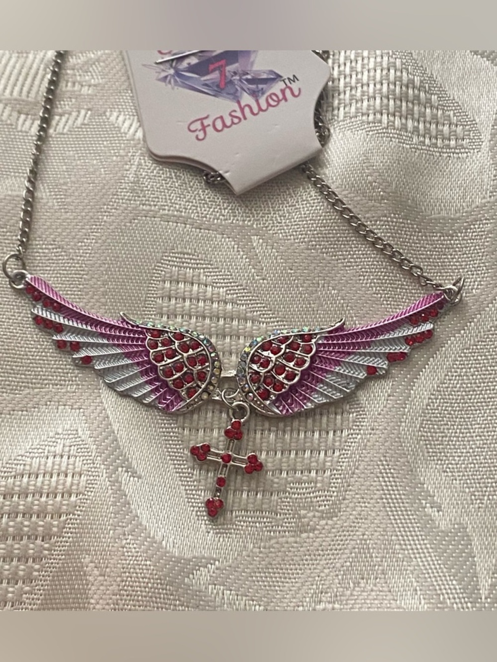 20” Necklace & Pendant 3”W Pink Angel Wings Red Cross Crystals Biker Whimsigoth